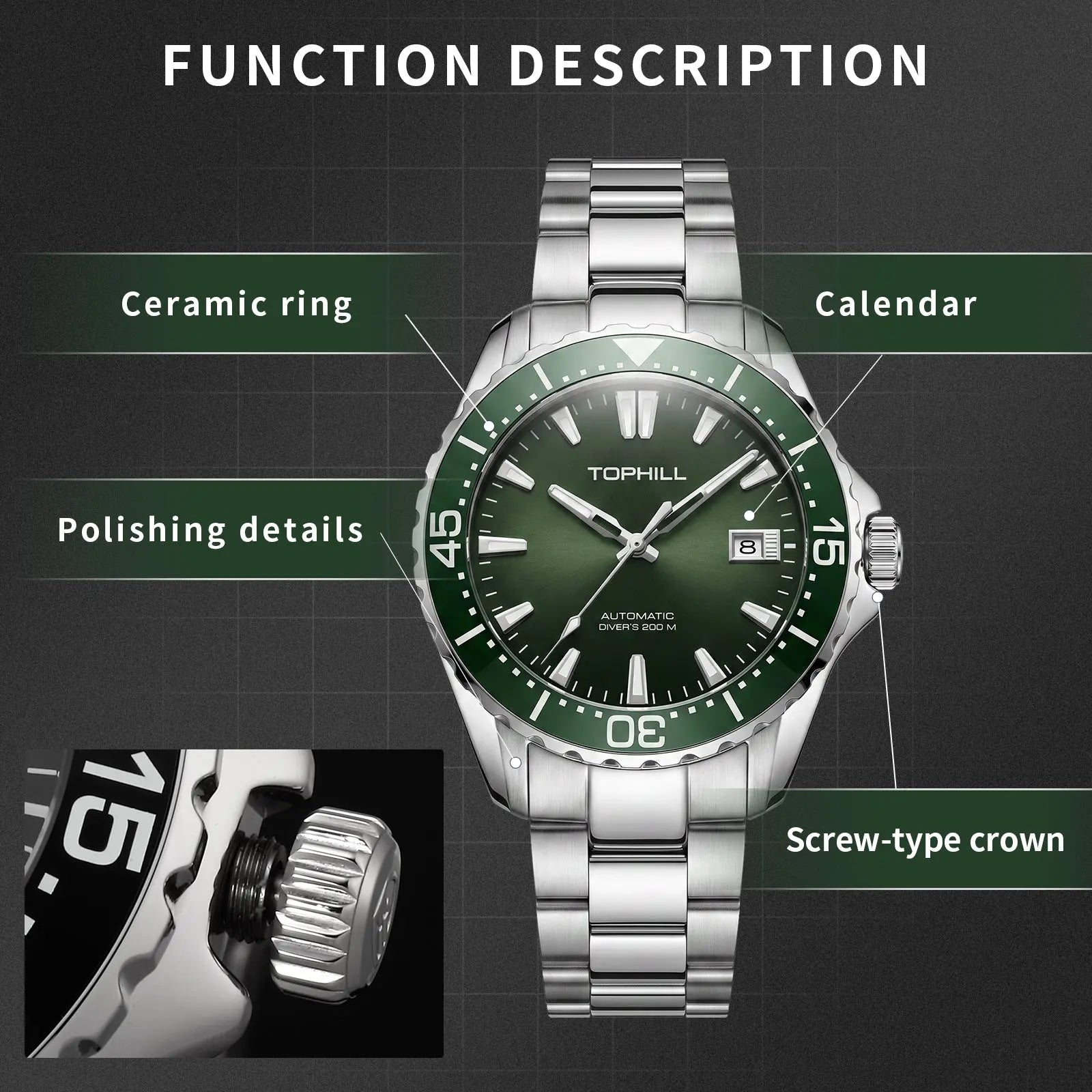 TOPHILL Men Watches Analog Automatic Watch|Miyota 8215 Movement|20ATM Waterproof Diver Watch with Sapphire Crystal|Ceramic Bezel|C3 Luminous|TD015G tophillwatch.com