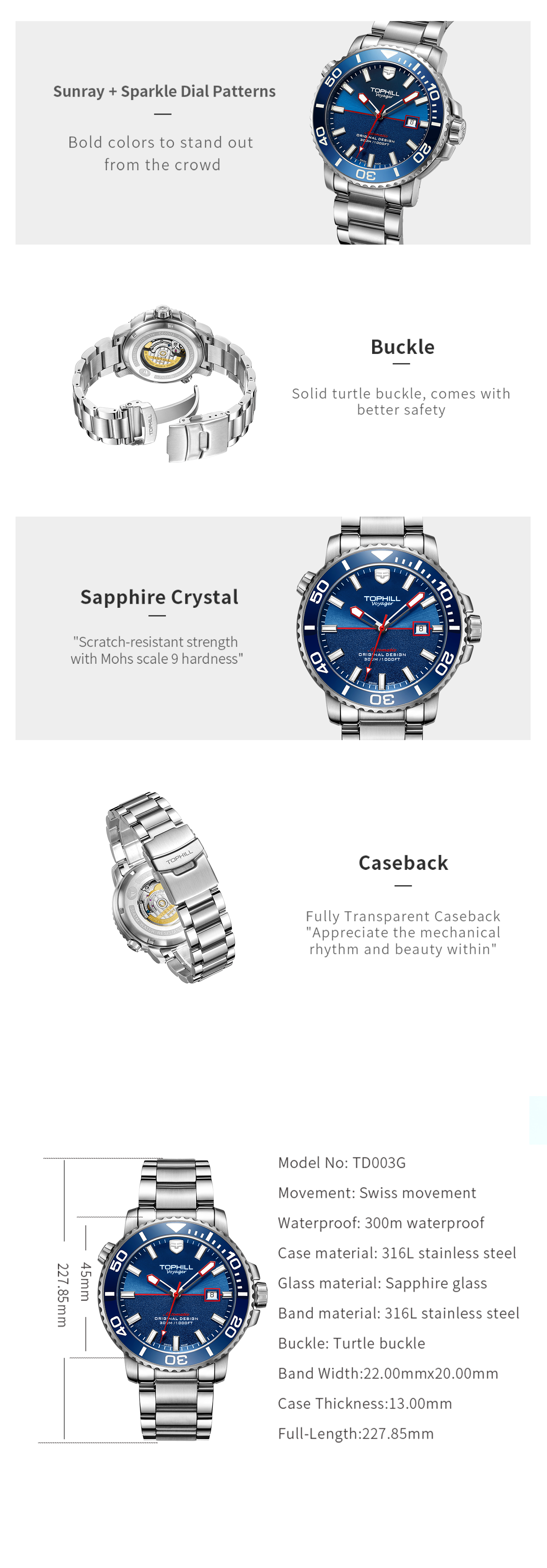 TOPHILL Men's Professional Diver Watch - 45mm Automatic, 300m/1000ft Water Resistant, Unidirectional Bezel, Luminous Dial, TD003G