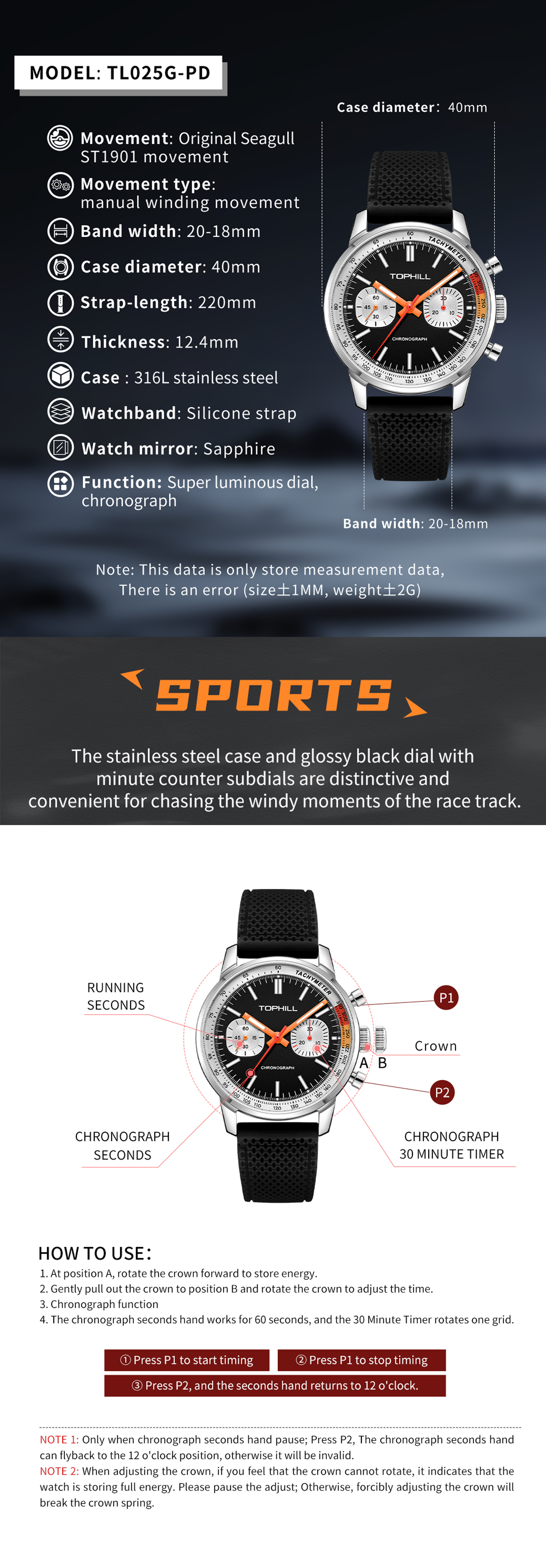 TOPHILL Men's Hand-Wound Chronograph - 40mm 316L Steel, Seagull ST1901 Movement, Sapphire Glass, Tachymeter Bezel, Silicone Band, TL025G