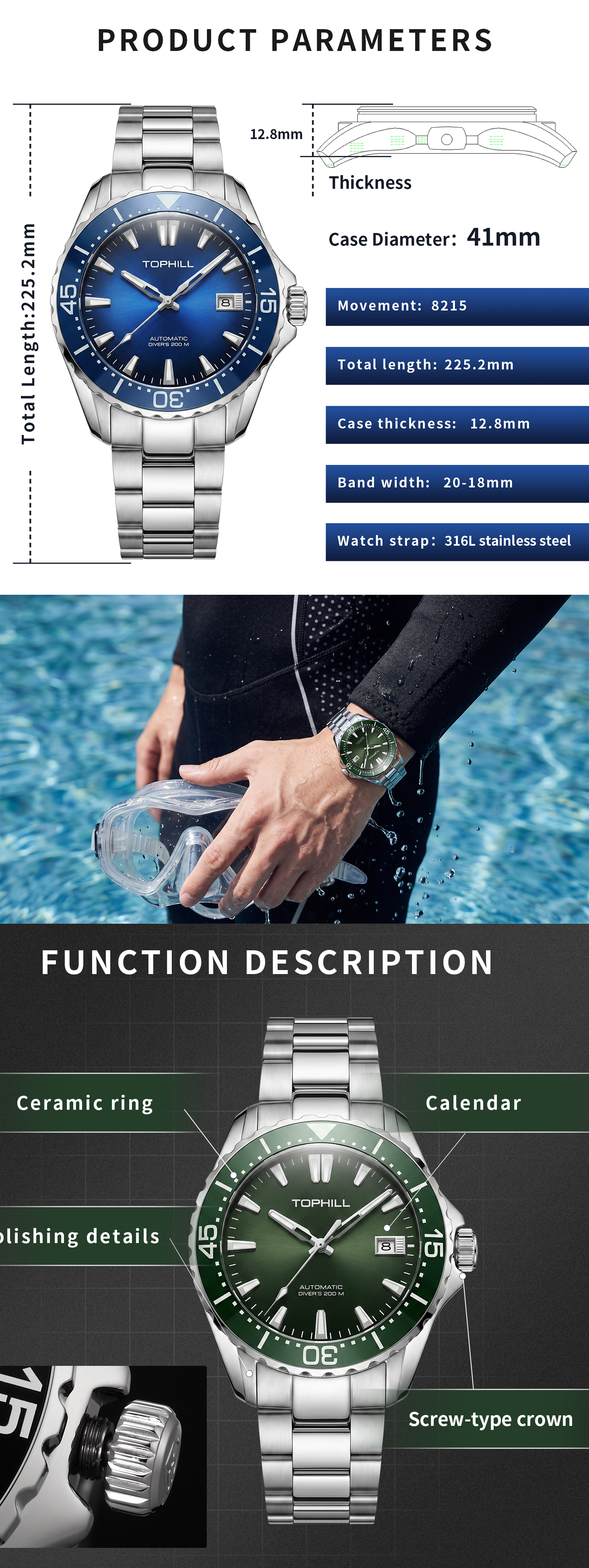 TOPHILL Men Watches Analog Automatic Watch|Miyota 8215 Movement|20ATM Waterproof Diver Watch with Sapphire Crystal|Ceramic Bezel|C3 Luminous|TD015G