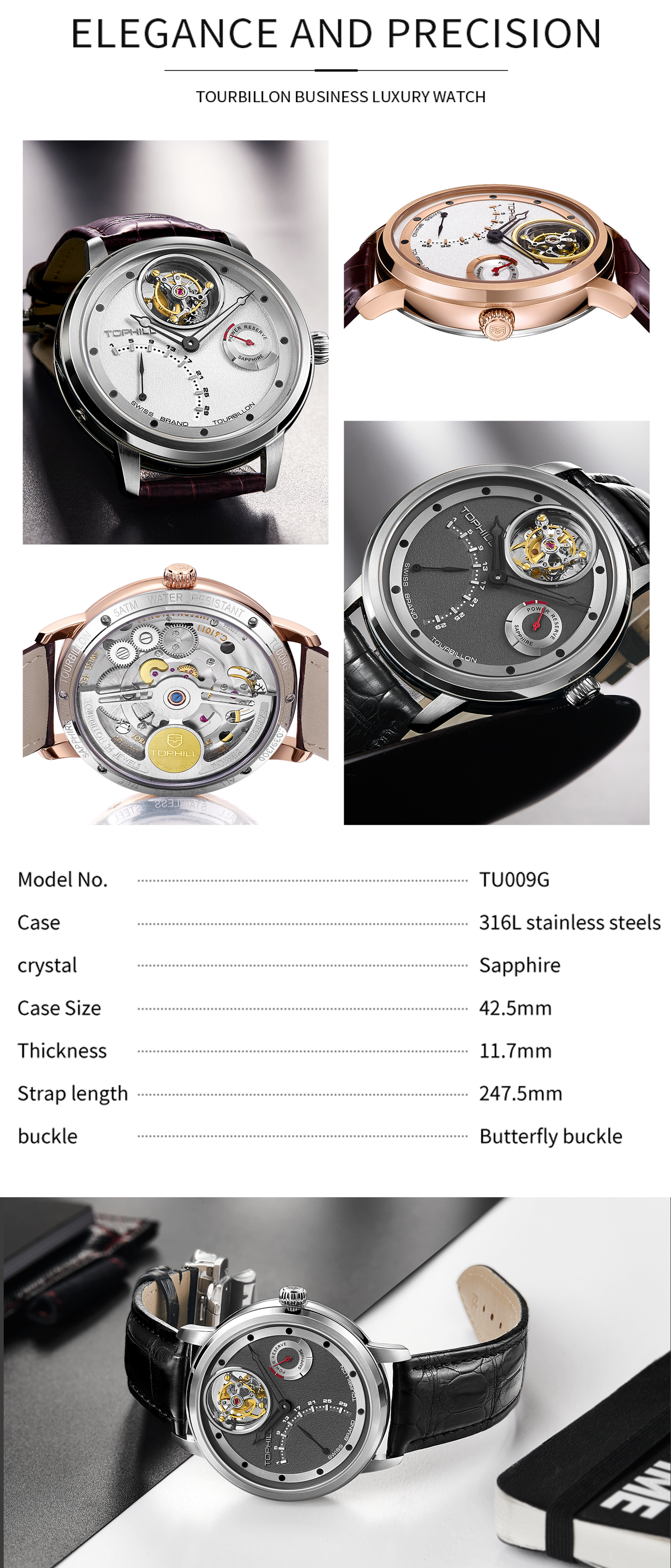 TOPHILL Men's Tourbillon Automatic Mechanical Watch 42.5mm Sapphire Crystal Leather Strap 5ATM Waterproof Display Luxury Watch TU009G