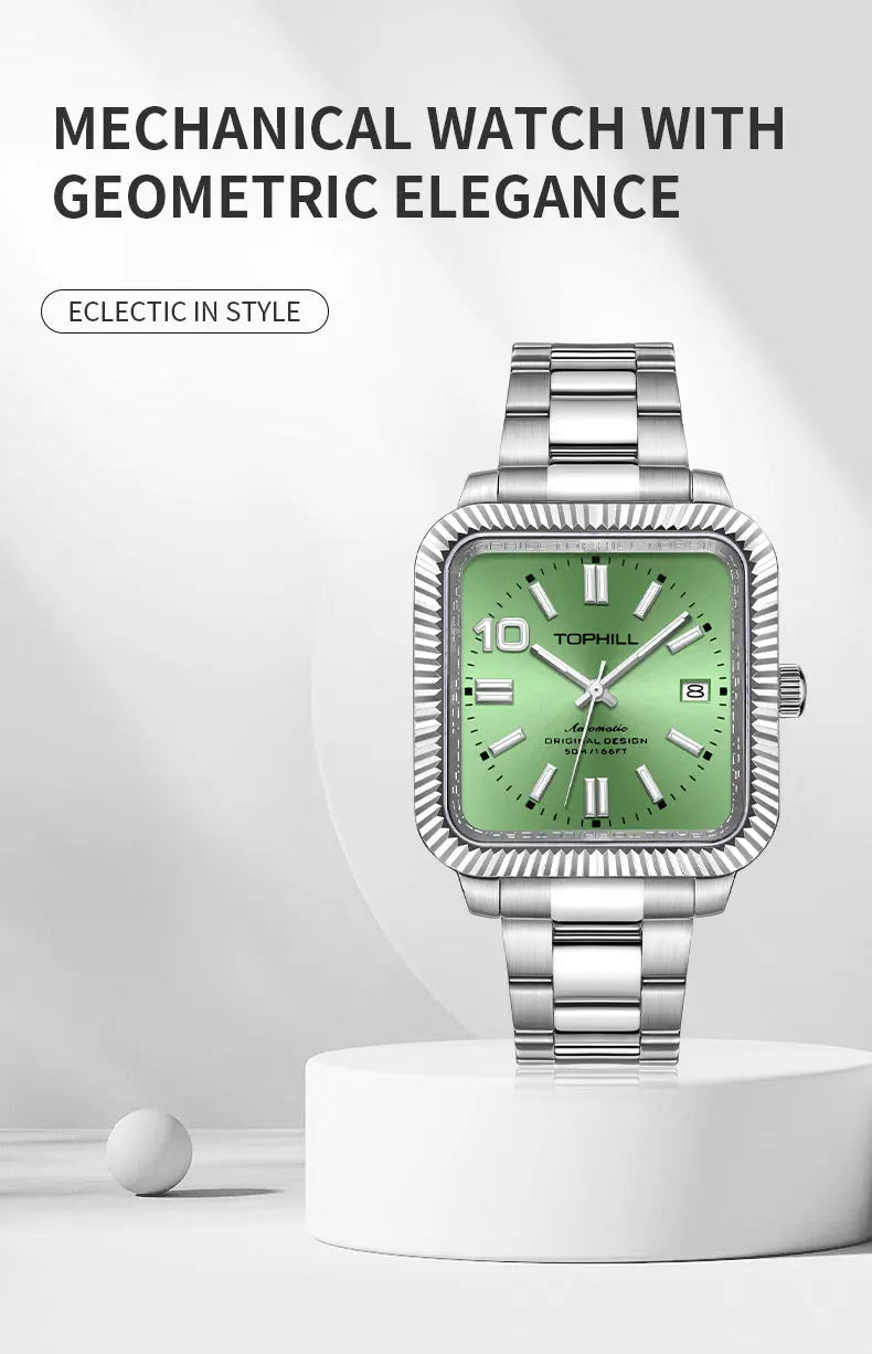 TOPHILL Men's Square Automatic Mechanical Watch - 38.5mm 316L Steel, Sunray Dial, 10 o'clock Hour Marker, Date Display, Solid Steel Band, 50M Water Resistant, Dress Business Watch tophillwatch.com
