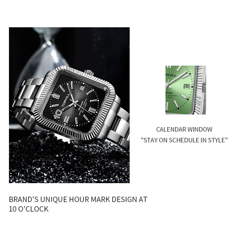 TOPHILL Men's Square Automatic Mechanical Watch - 38.5mm 316L Steel, Sunray Dial, 10 o'clock Hour Marker, Date Display, Solid Steel Band, 50M Water Resistant, Dress Business Watch tophillwatch.com