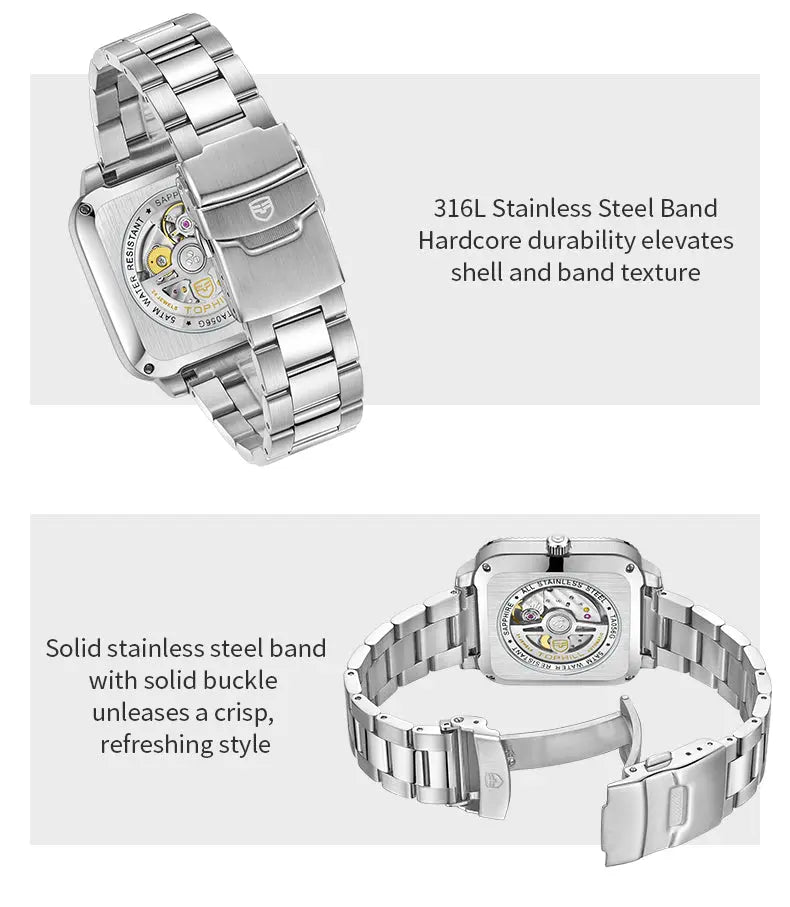 TOPHILL Men's Square Automatic Mechanical Watch - 38.5mm 316L Steel, Sunray Dial, 10 o'clock Hour Marker, Date Display, Solid Steel Band, 50M Water Resistant, Dress Business Watch tophillwatch.com