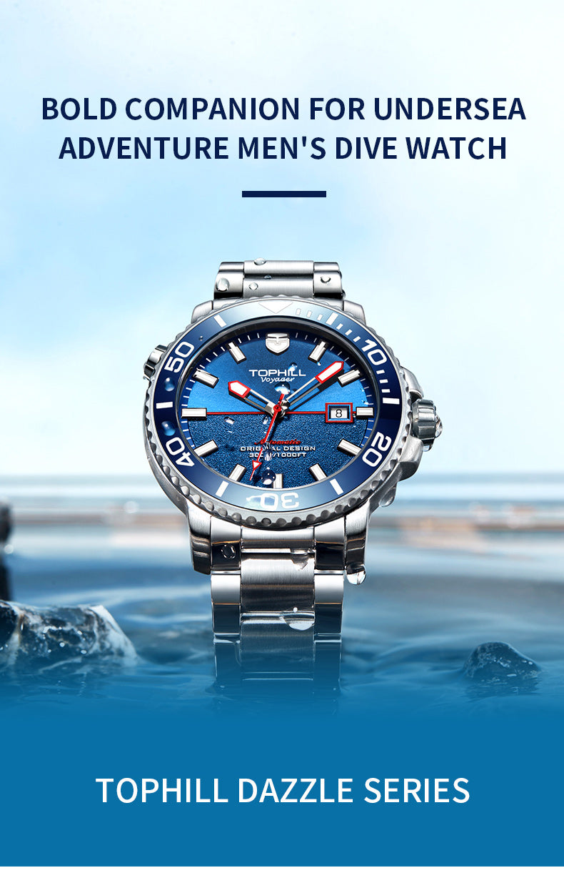 TOPHILL Men's Professional Diver Watch - 45mm Automatic, 300m/1000ft Water Resistant, Unidirectional Bezel, Luminous Dial, Steel Bracelet + Bonus Rubber Band, Swiss Movement tophillwatch.com