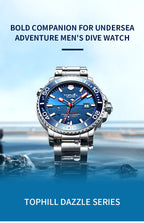 TOPHILL Men's Professional Diver Watch - 45mm Automatic, 300m/1000ft Water Resistant, Unidirectional Bezel, Luminous Dial, Steel Bracelet + Bonus Rubber Band, Swiss Movement tophillwatch.com