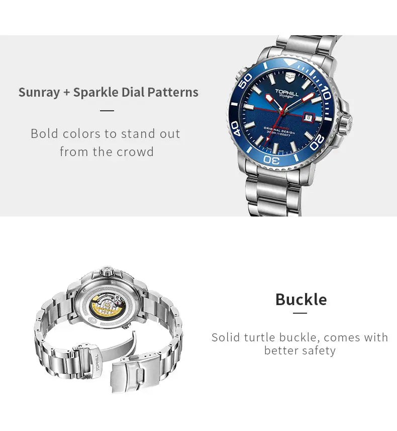 TOPHILL Men's Professional Luxury Dive Watch - 45mm Automatic, 300m/1000ft Water Resistant, Unidirectional Bezel, Luminous Dial | TD003G