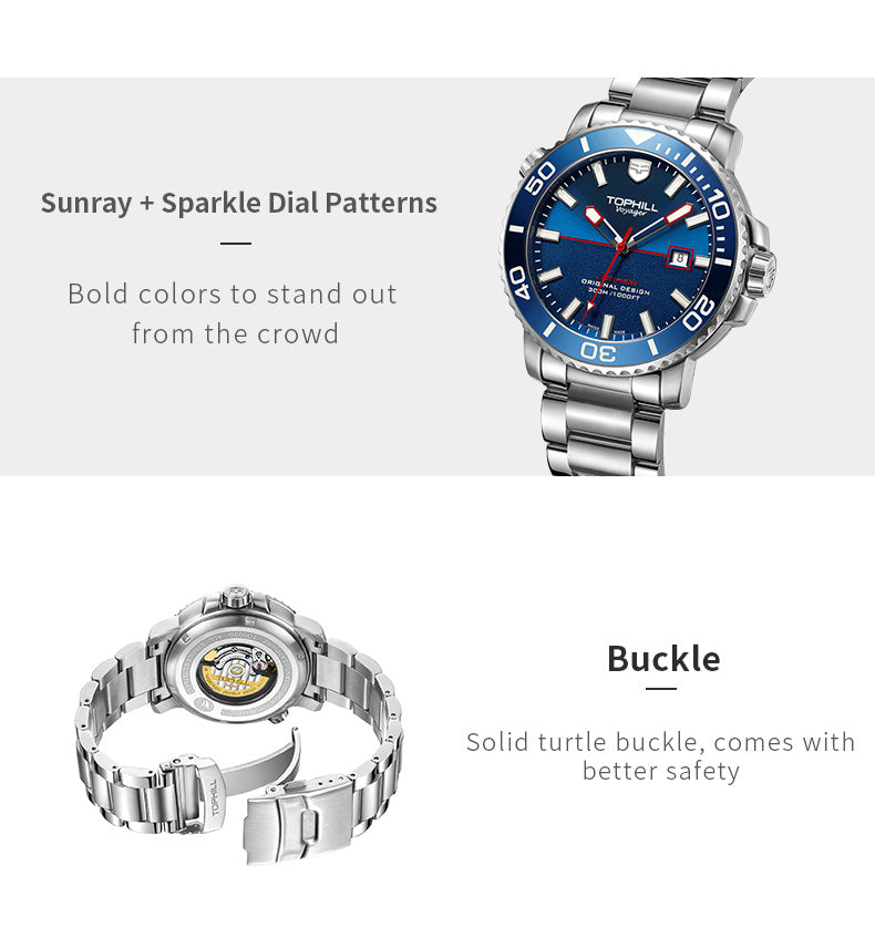 TOPHILL Men's Professional Diver Watch - 45mm Automatic, 300m/1000ft Water Resistant, Unidirectional Bezel, Luminous Dial, Steel Bracelet + Bonus Rubber Band, Swiss Movement tophillwatch.com