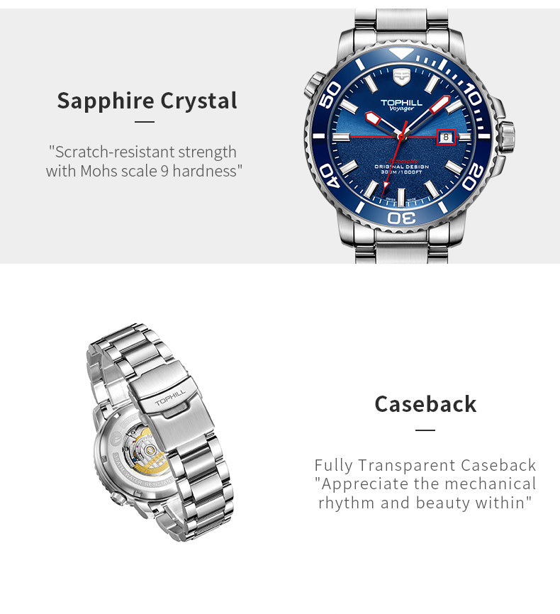 TOPHILL Men's Professional Diver Watch - 45mm Automatic, 300m/1000ft Water Resistant, Unidirectional Bezel, Luminous Dial, Steel Bracelet + Bonus Rubber Band, Swiss Movement tophillwatch.com