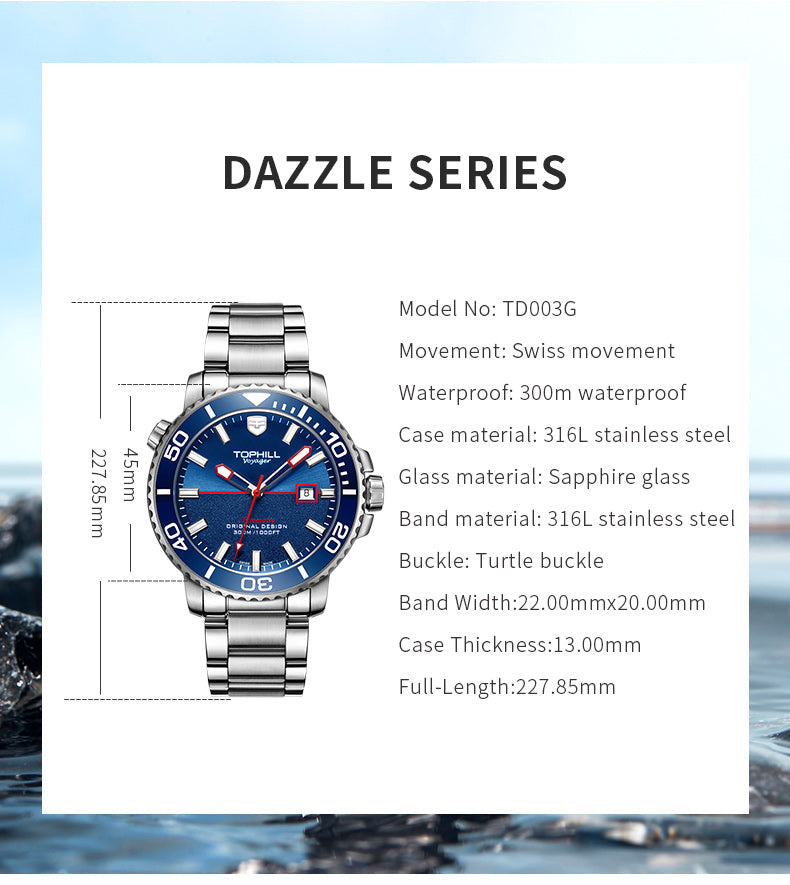 TOPHILL Men's Professional Diver Watch - 45mm Automatic, 300m/1000ft Water Resistant, Unidirectional Bezel, Luminous Dial, Steel Bracelet + Bonus Rubber Band, Swiss Movement tophillwatch.com