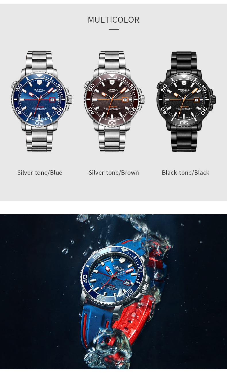 TOPHILL Men's Professional Diver Watch - 45mm Automatic, 300m/1000ft Water Resistant, Unidirectional Bezel, Luminous Dial, Steel Bracelet + Bonus Rubber Band, Swiss Movement tophillwatch.com