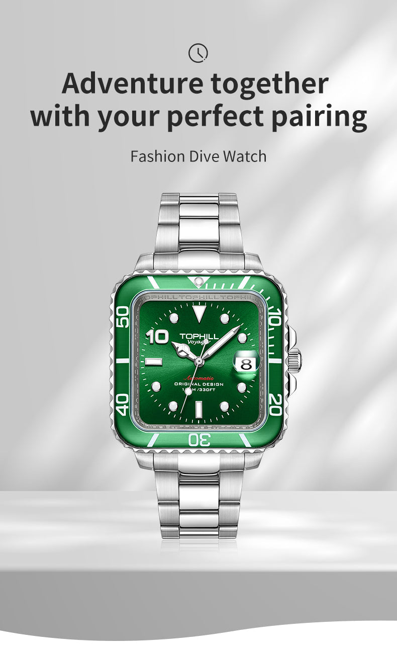 TOPHILL Men's Square Automatic Diver - 39mm 316L Steel, 10ATM/100M Water Resistant, Unidirectional Bezel, Date Window, Sapphire Glass, Turtle Safety Clasp, Original Design tophillwatch.com