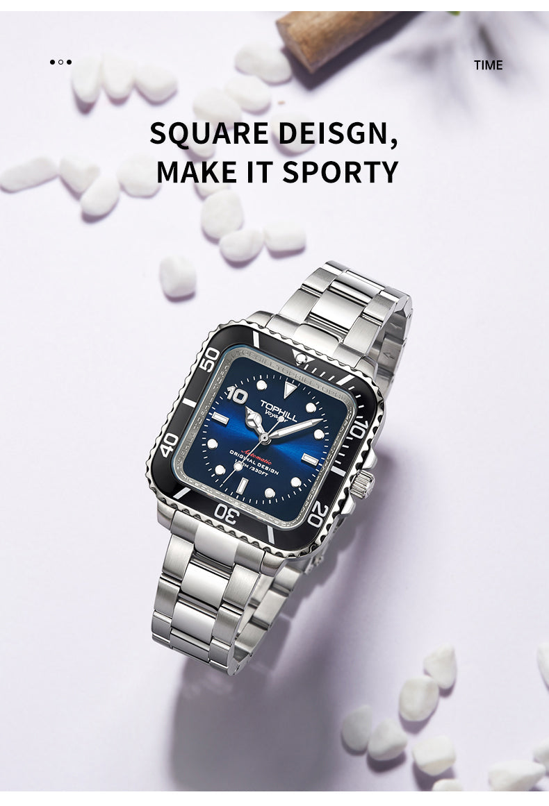 TOPHILL Men's Square Automatic Diver - 39mm 316L Steel, 10ATM/100M Water Resistant, Unidirectional Bezel, Date Window, Sapphire Glass, Turtle Safety Clasp, Original Design tophillwatch.com