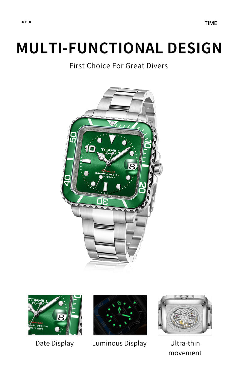 TOPHILL Men's Square Automatic Diver - 39mm 316L Steel, 10ATM/100M Water Resistant, Unidirectional Bezel, Date Window, Sapphire Glass, Turtle Safety Clasp, Original Design tophillwatch.com