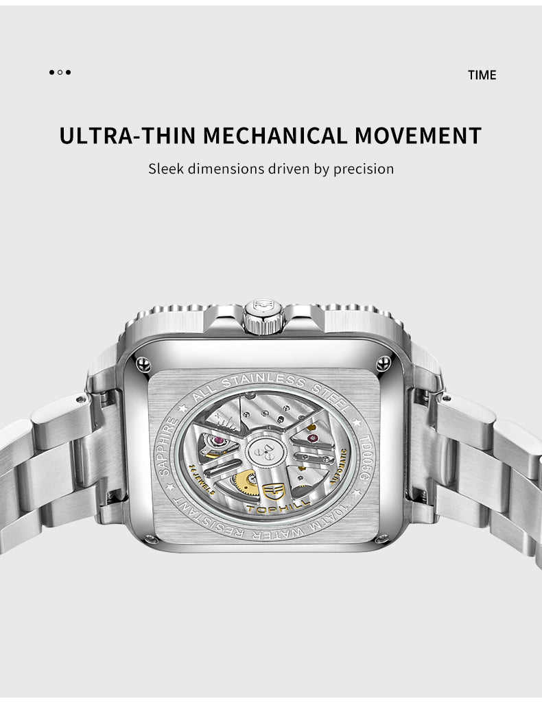 TOPHILL Men's Square Automatic Diver - 39mm 316L Steel, 10ATM/100M Water Resistant, Unidirectional Bezel, Date Window, Sapphire Glass, Turtle Safety Clasp, Original Design tophillwatch.com