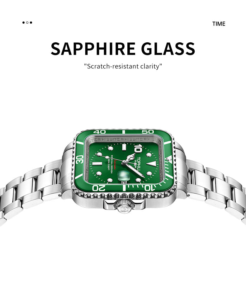 TOPHILL Men's Square Automatic Diver - 39mm 316L Steel, 10ATM/100M Water Resistant, Unidirectional Bezel, Date Window, Sapphire Glass, Turtle Safety Clasp, Original Design tophillwatch.com