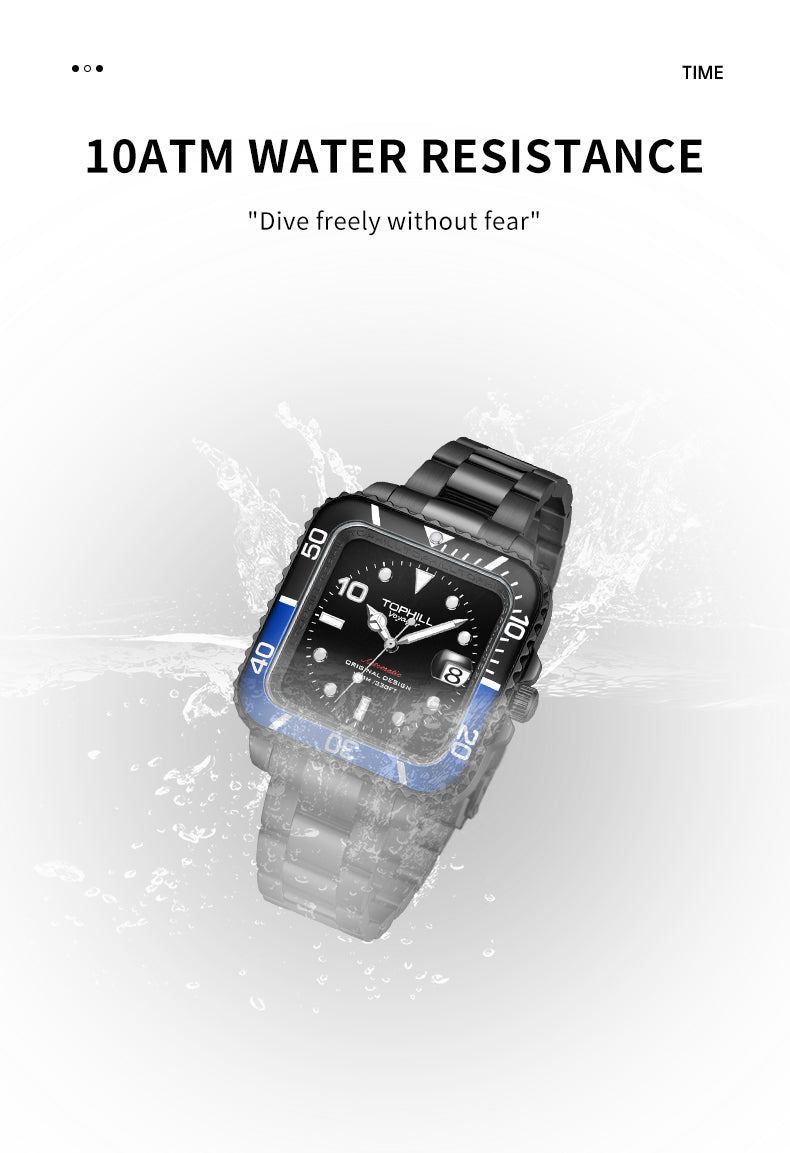 TOPHILL Men's Square Automatic Diver - 39mm 316L Steel, 10ATM/100M Water Resistant, Unidirectional Bezel, Date Window, Sapphire Glass, Turtle Safety Clasp, Original Design tophillwatch.com