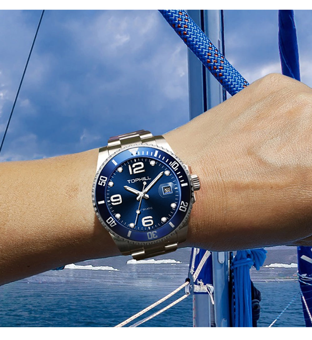 TOPHILL Men's Classic Diver Watch - 41mm Automatic Mechanical, Unidirectional Bezel, Date Window, Sapphire Glass, Steel Bracelet, 30M Water Resistant, Butterfly Clasp tophillwatch.com