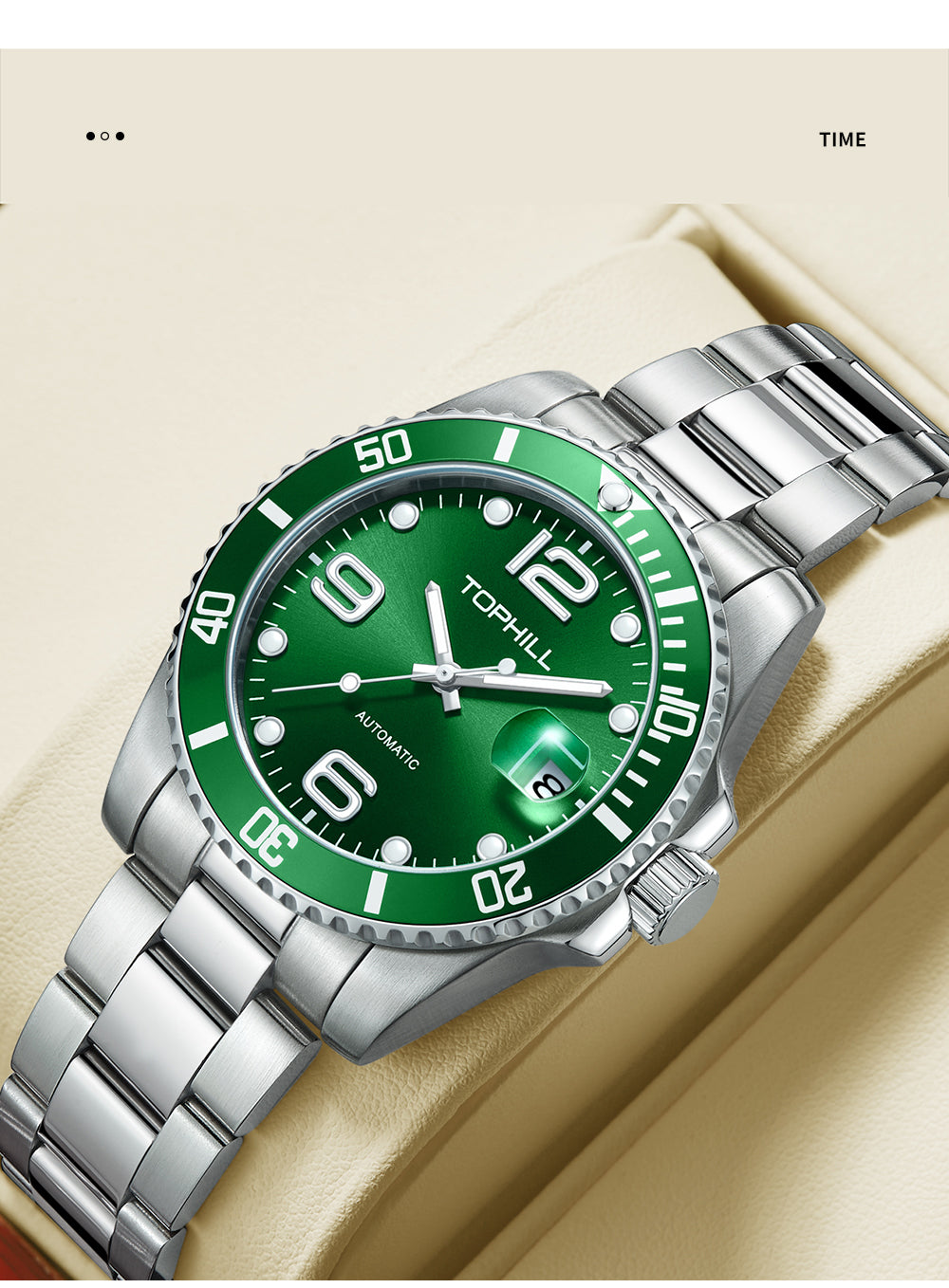 TOPHILL Men's Classic Diver Watch - 41mm Automatic Mechanical, Unidirectional Bezel, Date Window, Sapphire Glass, Steel Bracelet, 30M Water Resistant, Butterfly Clasp tophillwatch.com