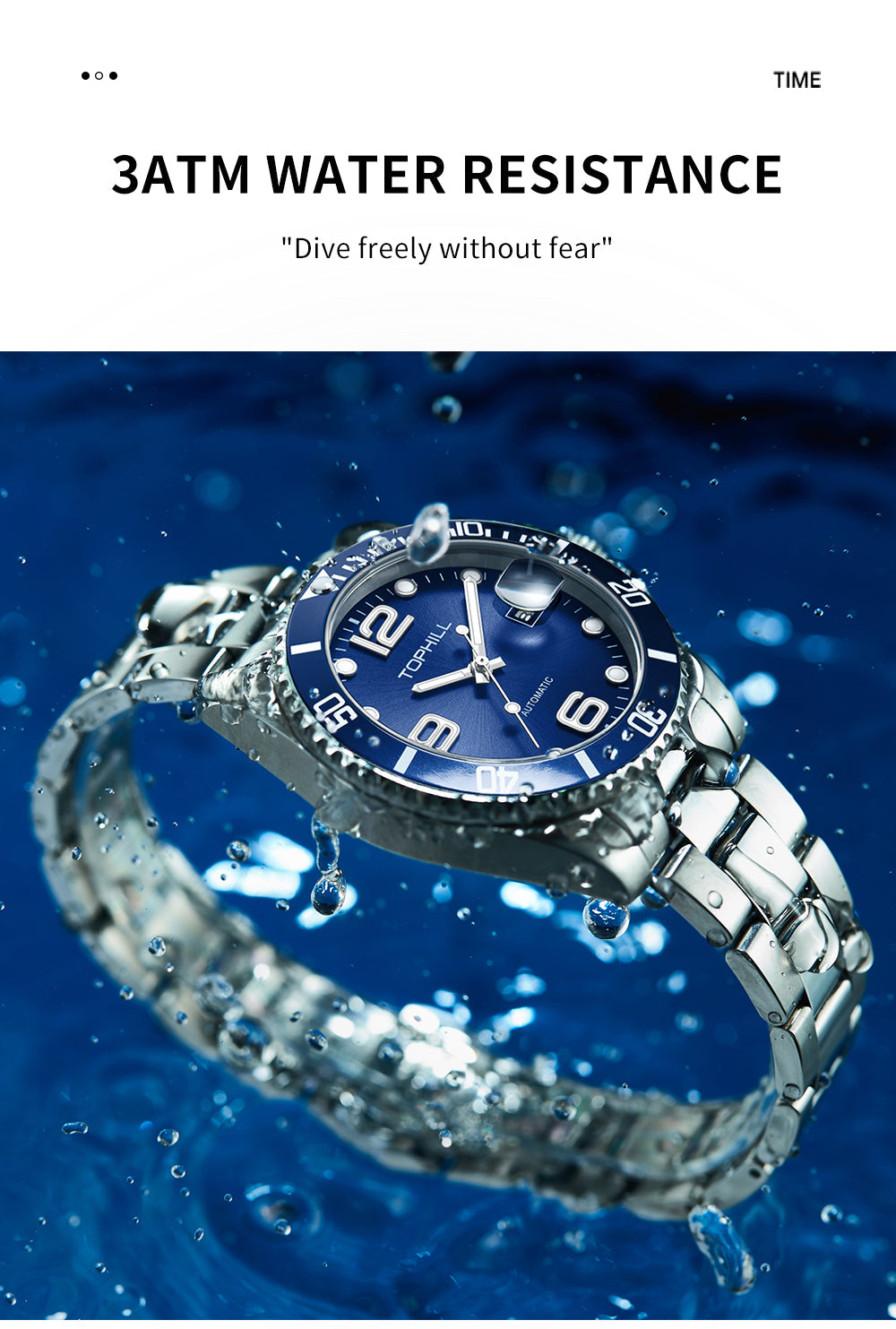 TOPHILL Men's Classic Diver Watch - 41mm Automatic Mechanical, Unidirectional Bezel, Date Window, Sapphire Glass, Steel Bracelet, 30M Water Resistant, Butterfly Clasp tophillwatch.com