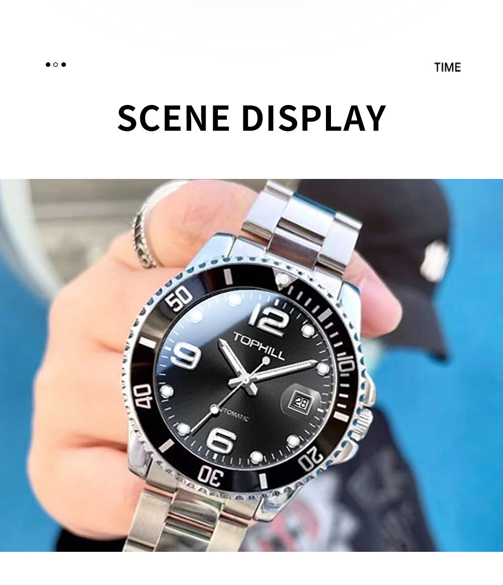 TOPHILL Men's Classic Diver Watch - 41mm Automatic Mechanical, Unidirectional Bezel, Date Window, Sapphire Glass, Steel Bracelet, 30M Water Resistant, Butterfly Clasp tophillwatch.com