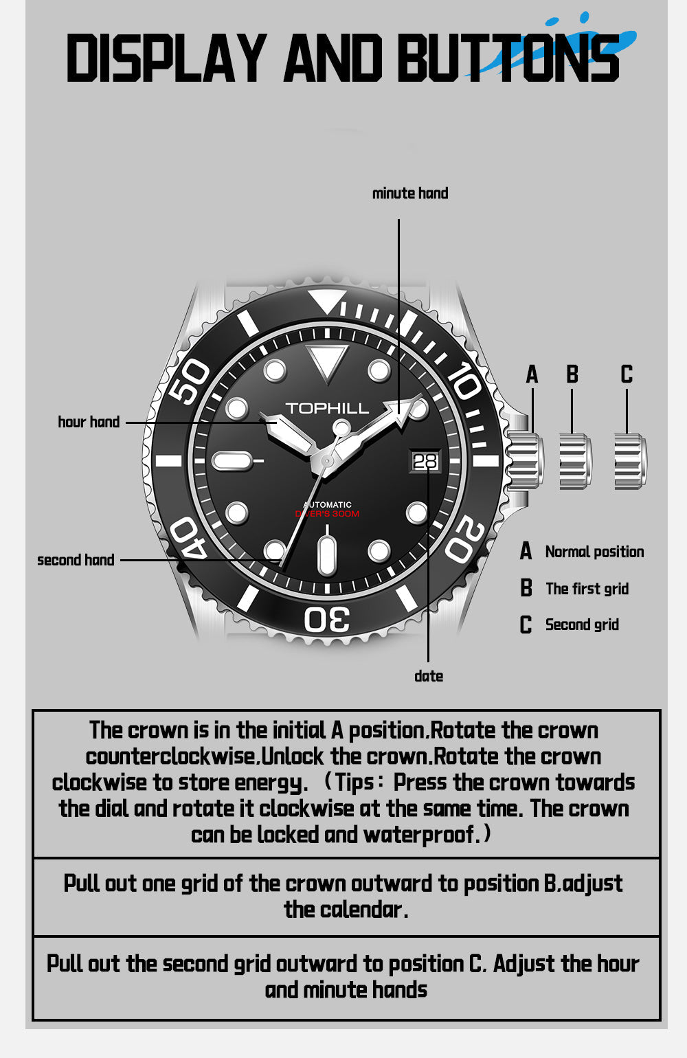 TOPHILL Men's Automatic Dive Watch 300M Waterproof, NH35 Movement, Sapphire Crystal, Luminous Dial, Date Function, Professional Diving Equipment TD007G tophillwatch.com