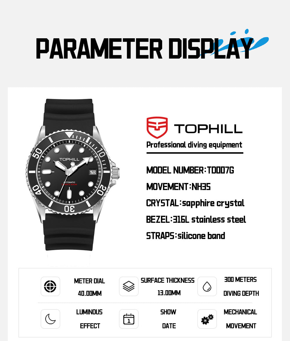 TOPHILL Men's Automatic Dive Watch 300M Waterproof, NH35 Movement, Sapphire Crystal, Luminous Dial, Date Function, Professional Diving Equipment TD007G tophillwatch.com