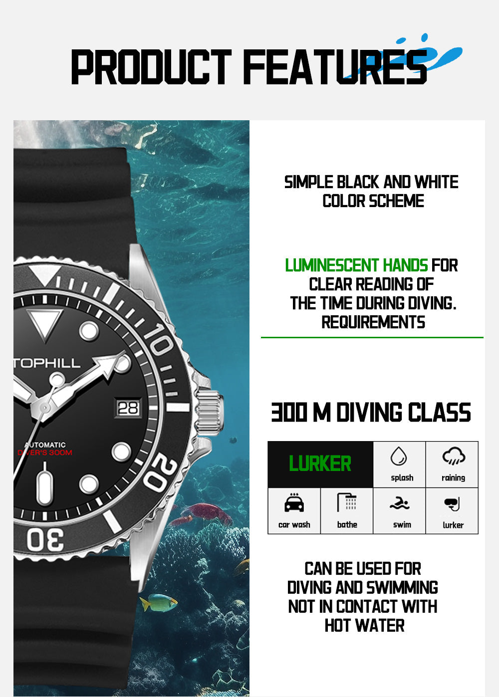 TOPHILL Men's Automatic Dive Watch 300M Waterproof, NH35 Movement, Sapphire Crystal, Luminous Dial, Date Function, Professional Diving Equipment TD007G tophillwatch.com