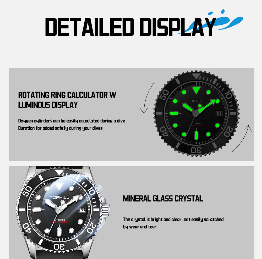 TOPHILL Men's Automatic Dive Watch 300M Waterproof, NH35 Movement, Sapphire Crystal, Luminous Dial, Date Function, Professional Diving Equipment TD007G tophillwatch.com