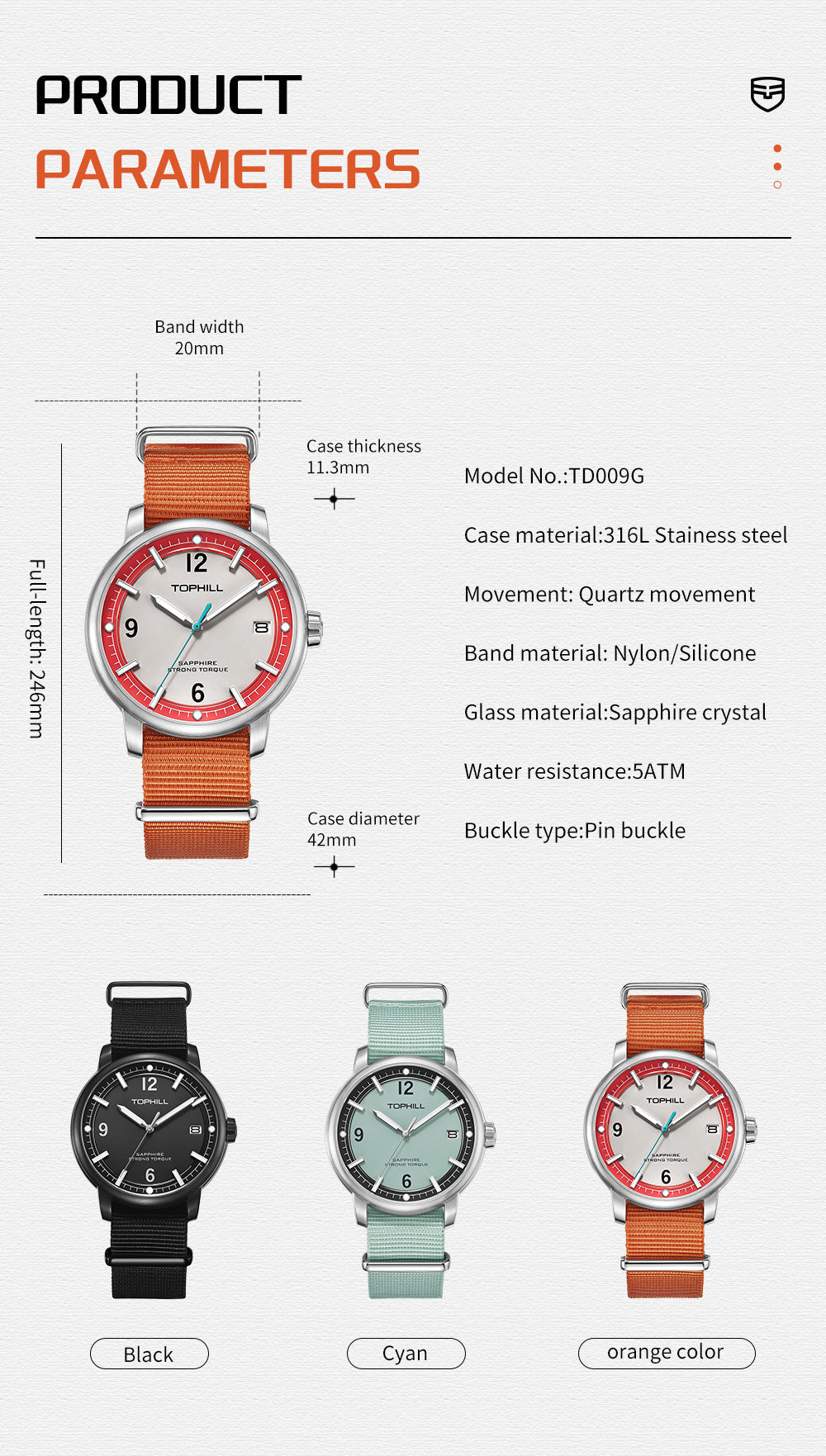 TOPHILL Men's Casual Sport Watch - 42mm Quartz, Sapphire Glass, NATO Nylon Band, Date Window, 5ATM Water Resistant, Military-Inspired Outdoor Watch for Men tophillwatch.com