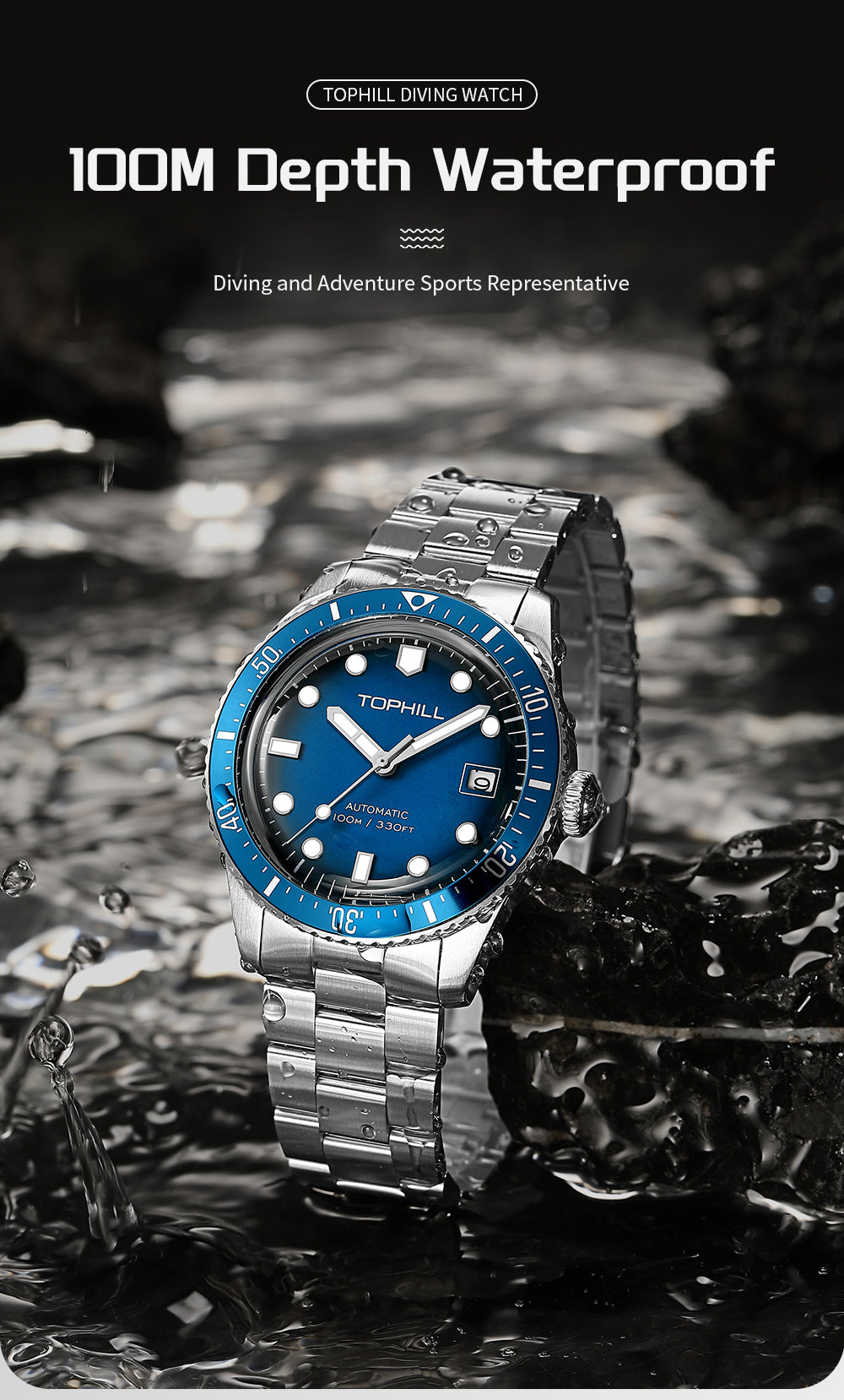TOPHILL Men's Automatic Mechanical Watch 40mm Stainless Steel Bracelet 10ATM Waterproof NH35 Movement Luminous Date Window Dress Watch TD010G tophillwatch.com