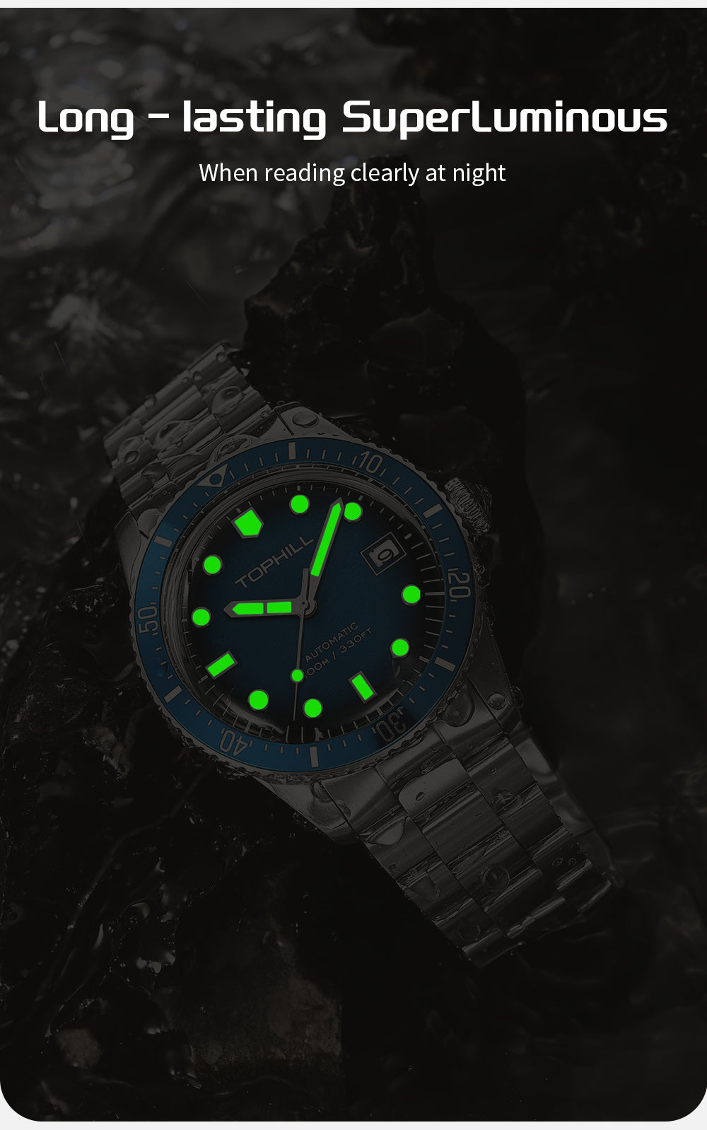 TOPHILL Men's Automatic Mechanical Watch 40mm Stainless Steel Bracelet 10ATM Waterproof NH35 Movement Luminous Date Window Dress Watch TD010G tophillwatch.com