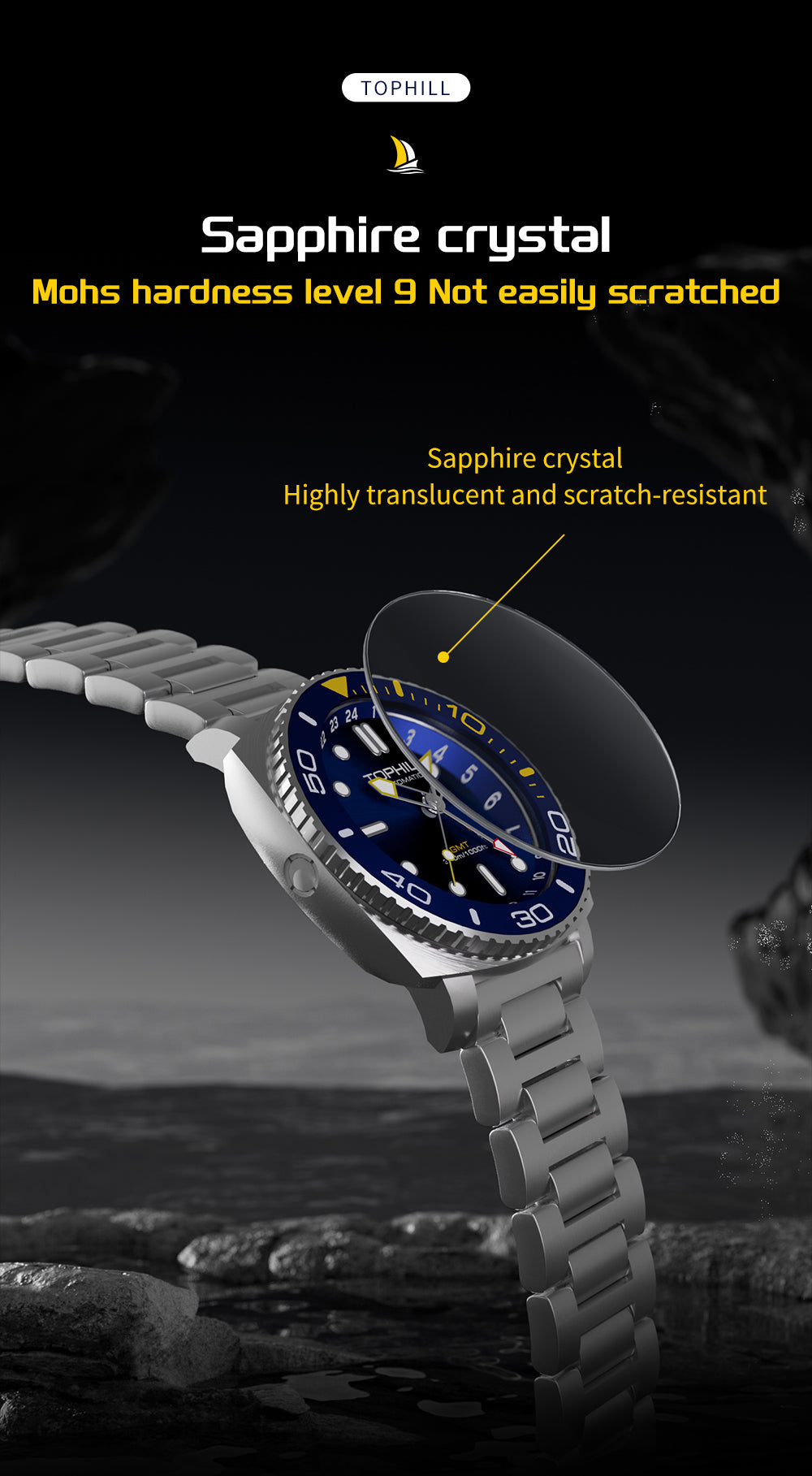 TOPHILL Automatic Watches for Men|Diving Watch 300M Waterproof|GMT Watch|Super Luminous|Screw-Down Crown & HEV|Ceramic Bezel|316L Stainless Steel & Sapphire Crystal|Black Luxury Watch for Business Scuba Diving|Gift for Men tophillwatch.com