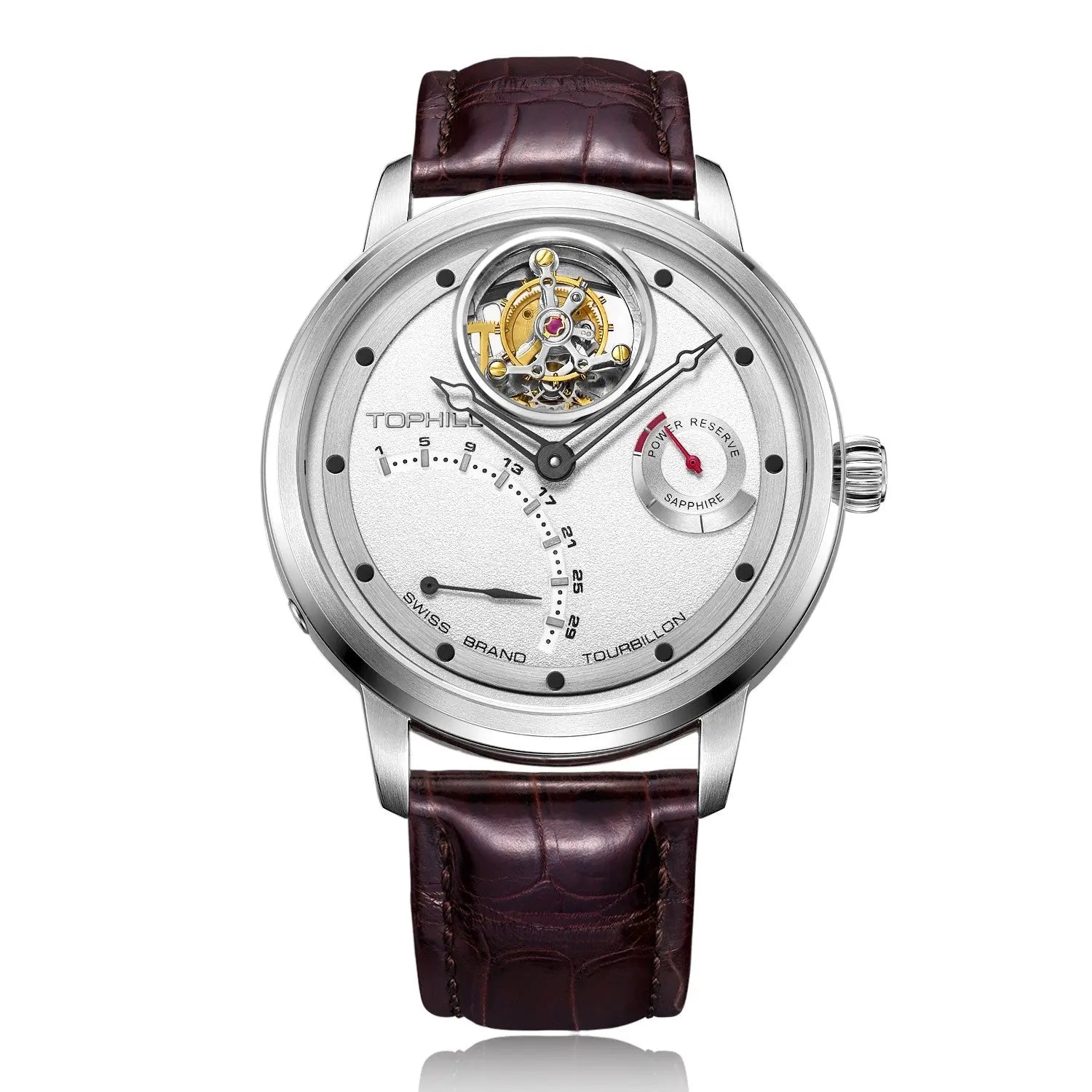 TOPHILL Men's Tourbillon Automatic Mechanical Watch 42.5mm Sapphire Crystal Leather Strap 5ATM Waterproof Retrograde Date Power Reserve Display Luxury Watch TU009G tophillwatch.com