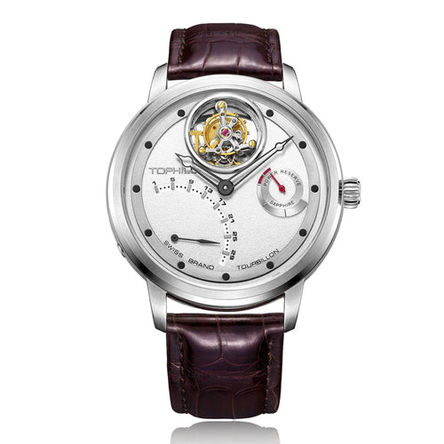 TOPHILL Men's Tourbillon Automatic Mechanical Watch 42.5mm Sapphire Crystal Leather Strap 5ATM Waterproof Retrograde Date Power Reserve Display Luxury Watch TU009G tophillwatch.com