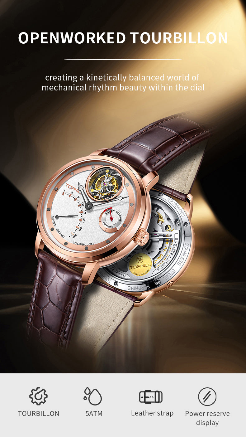 TOPHILL Men's Tourbillon Automatic Mechanical Watch 42.5mm Sapphire Crystal Leather Strap 5ATM Waterproof Retrograde Date Power Reserve Display Luxury Watch TU009G tophillwatch.com