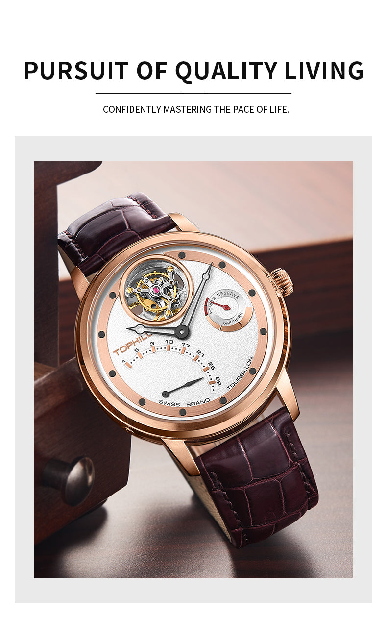 TOPHILL Men's Tourbillon Automatic Mechanical Watch 42.5mm Sapphire Crystal Leather Strap 5ATM Waterproof Retrograde Date Power Reserve Display Luxury Watch TU009G tophillwatch.com