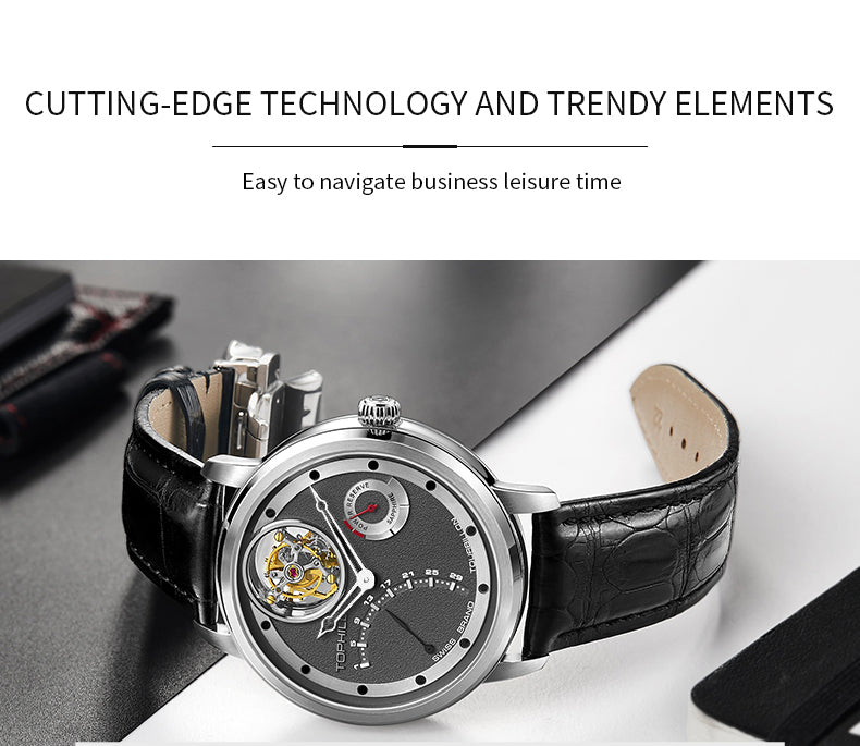 TOPHILL Men's Tourbillon Automatic Mechanical Watch 42.5mm Sapphire Crystal Leather Strap 5ATM Waterproof Retrograde Date Power Reserve Display Luxury Watch TU009G tophillwatch.com