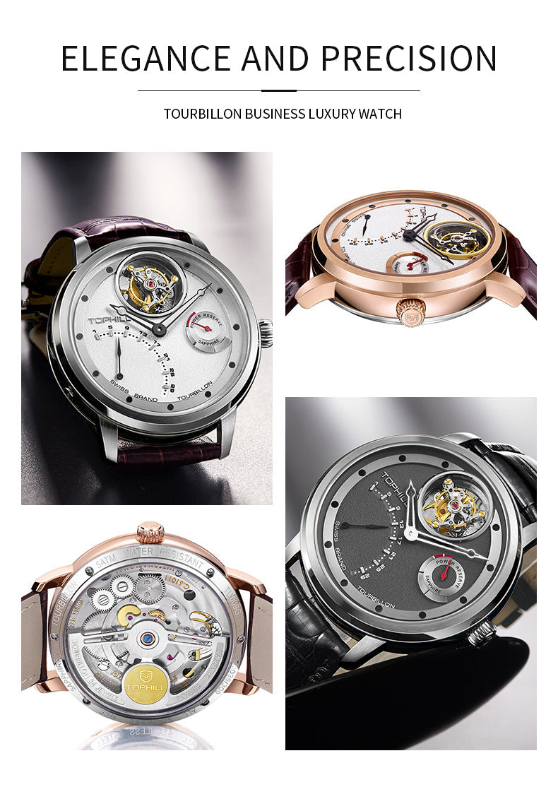 TOPHILL Men's Tourbillon Automatic Mechanical Watch 42.5mm Sapphire Crystal Leather Strap 5ATM Waterproof Retrograde Date Power Reserve Display Luxury Watch TU009G tophillwatch.com