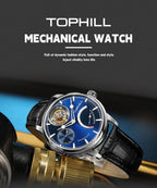 TOPHILL Men's Tourbillon Automatic Mechanical Watch 43.7mm Sapphire Crystal Leather Strap 5ATM Waterproof Kinetic Energy Reserve Display Luxury Dress Watch TU013G tophillwatch.com