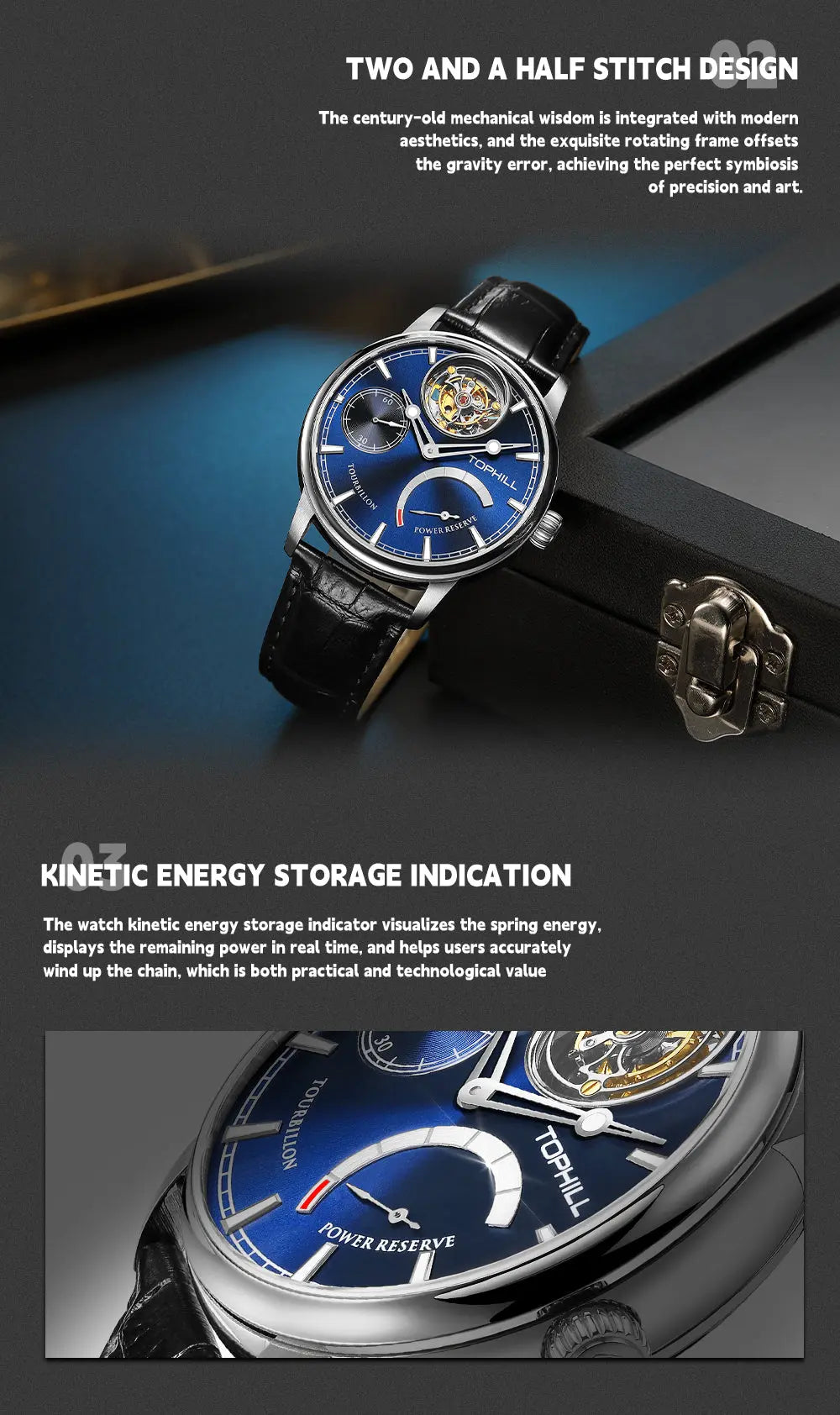 TOPHILL Montre automatique mécanique Tourbillon pour homme 43,7 mm verre saphir bracelet cuir étanche 5 ATM affichage de la réserve de marche cinétique montre habillée de luxe TU013G