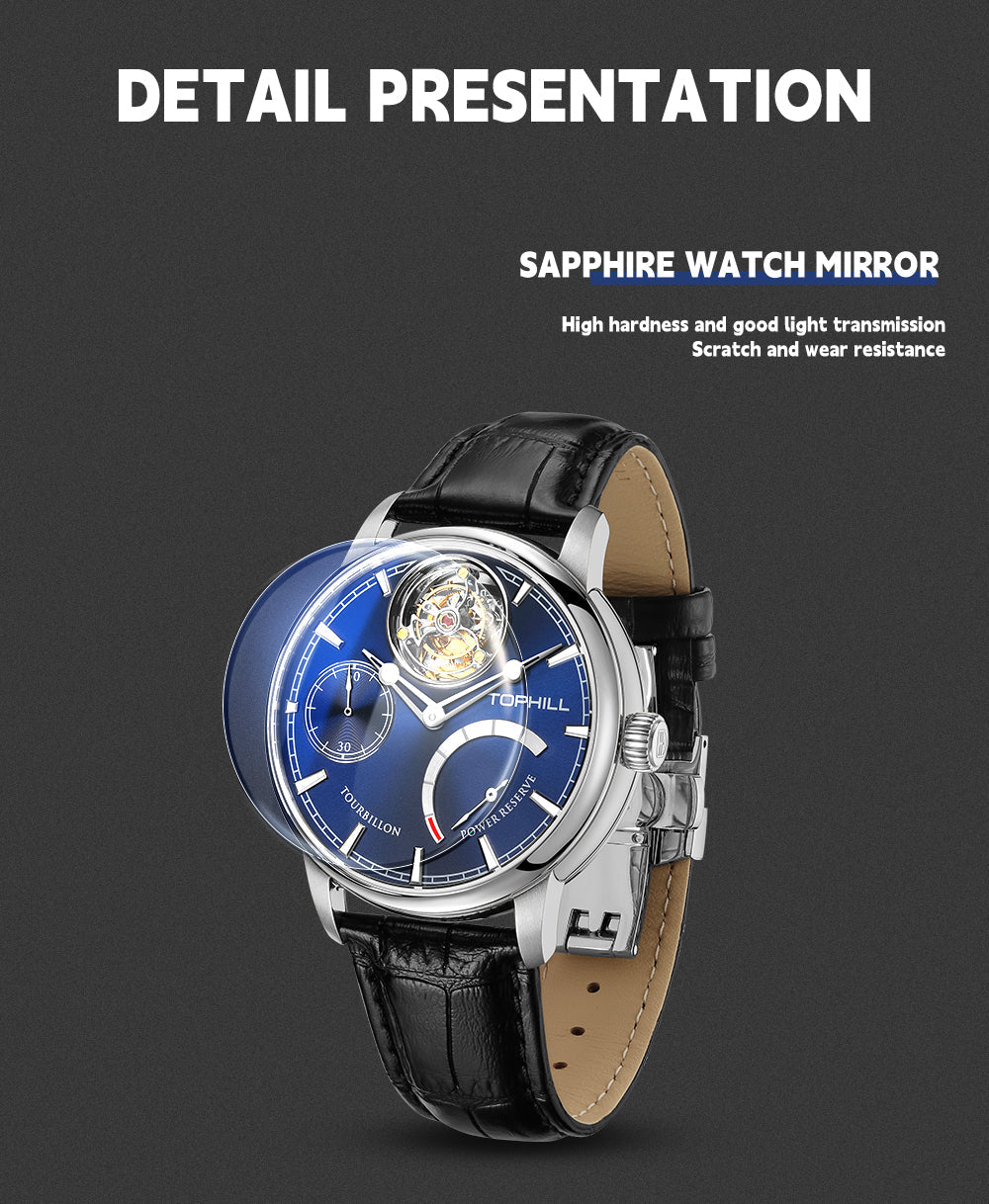 TOPHILL Men's Tourbillon Automatic Mechanical Watch 43.7mm Sapphire Crystal Leather Strap 5ATM Waterproof Kinetic Energy Reserve Display Luxury Dress Watch TU013G tophillwatch.com