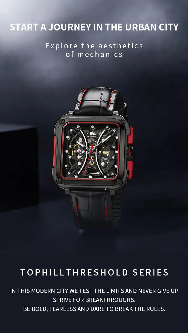 TOPHILL Men's Square Skeleton Watch - 42mm Automatic Mechanical, 28D0 Movement, Open-Work Dial, 316L Stainless Steel, Sapphire Glass, Leather Band, 5ATM Water Resistant tophillwatch.com