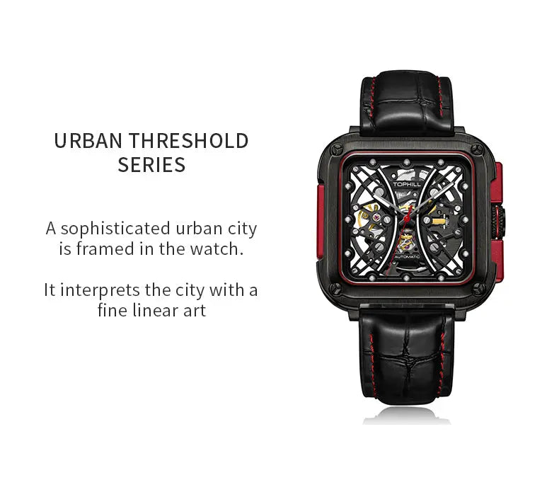 TOPHILL Men's Square Skeleton Watch - 42mm Automatic Mechanical, 28D0 Movement, Open-Work Dial, 316L Stainless Steel, Sapphire Glass, Leather Band, 5ATM Water Resistant tophillwatch.com