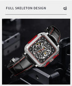 TOPHILL Men's Square Skeleton Watch - 42mm Automatic Mechanical, 28D0 Movement, Open-Work Dial, 316L Stainless Steel, Sapphire Glass, Leather Band, 5ATM Water Resistant tophillwatch.com