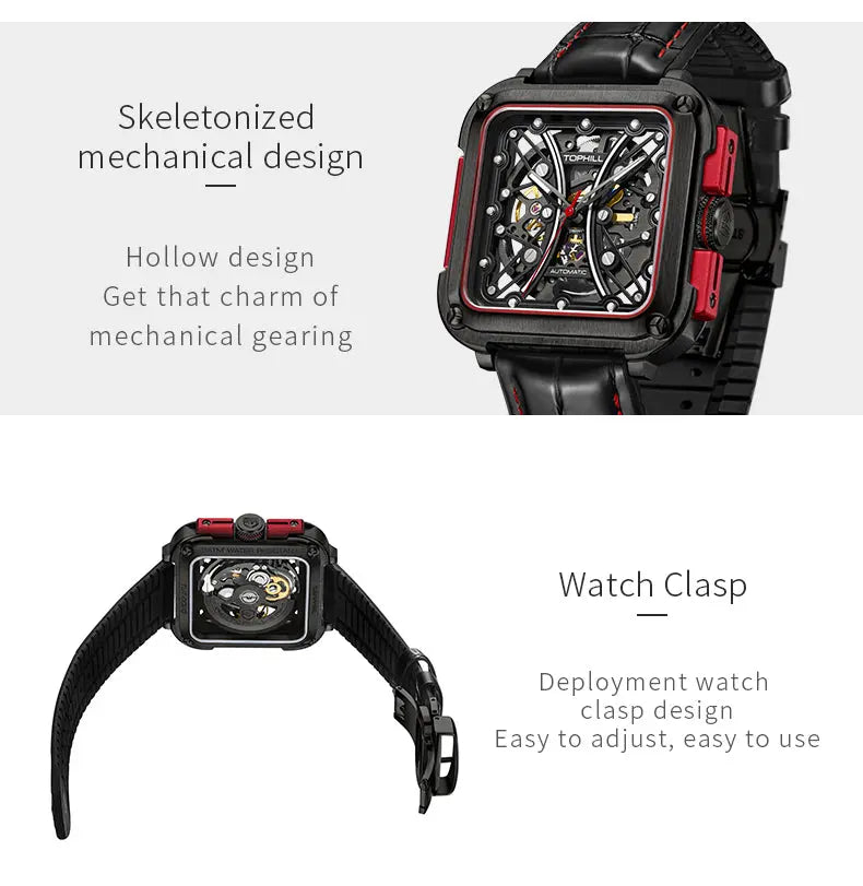 TOPHILL Men's Square Skeleton Watch - 42mm Automatic Mechanical, 28D0 Movement, Open-Work Dial, 316L Stainless Steel, Sapphire Glass, Leather Band, 5ATM Water Resistant tophillwatch.com