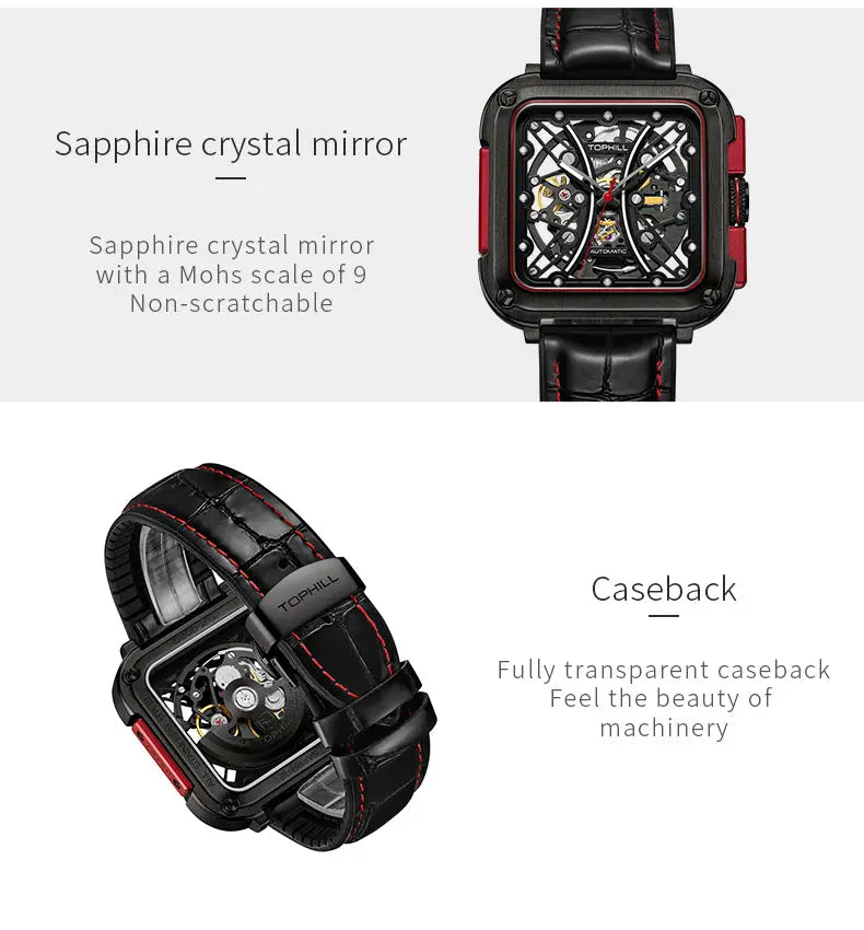 TOPHILL Men's Square Skeleton Watch - 42mm Automatic Mechanical, 28D0 Movement, Open-Work Dial, 316L Stainless Steel, Sapphire Glass, Leather Band, 5ATM Water Resistant tophillwatch.com