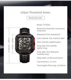 TOPHILL Men's Square Skeleton Watch - 42mm Automatic Mechanical, 28D0 Movement, Open-Work Dial, 316L Stainless Steel, Sapphire Glass, Leather Band, 5ATM Water Resistant tophillwatch.com