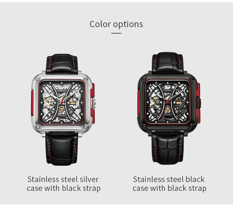 TOPHILL Men's Square Skeleton Watch - 42mm Automatic Mechanical, 28D0 Movement, Open-Work Dial, 316L Stainless Steel, Sapphire Glass, Leather Band, 5ATM Water Resistant tophillwatch.com