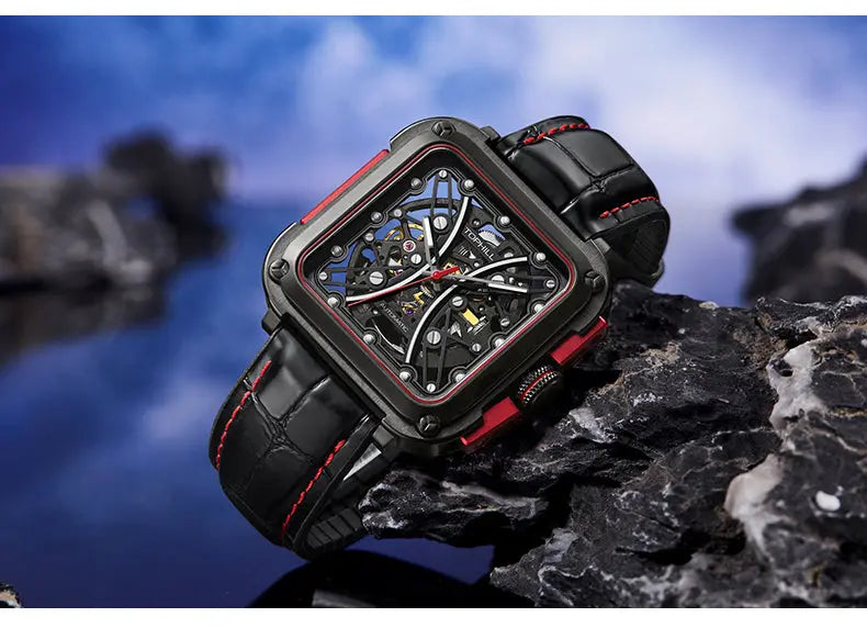 TOPHILL Men's Square Skeleton Watch - 42mm Automatic Mechanical, 28D0 Movement, Open-Work Dial, 316L Stainless Steel, Sapphire Glass, Leather Band, 5ATM Water Resistant tophillwatch.com